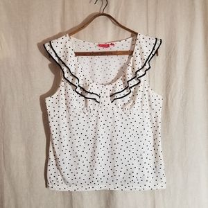 ELLE Flutter Layered Frill Collar Polka Dot Tank Top Blouse Cream White Black XL